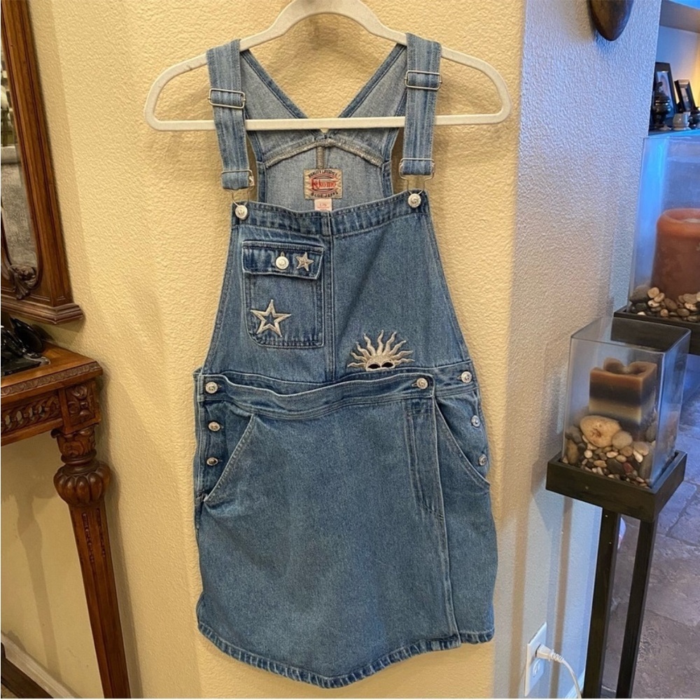 Vintage KIKOMO Women Blue Denim
Embroidered Star Sun Overall Skort Size Large